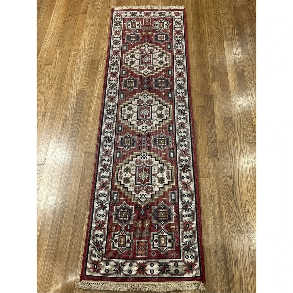 Hand Knotted Afghan Tribal Kazak Hallway Runner Red Small Geometric Rug 2'X 6.6'